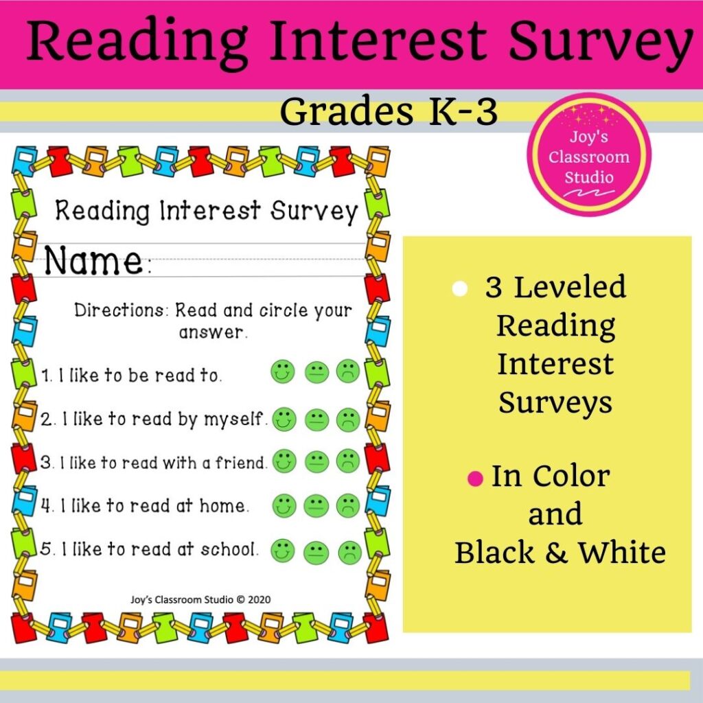 A photo of a reading interest survey product for grades Kindergarten, First, Second, and Third Grades. It is linked to my TPT Store for purchase.