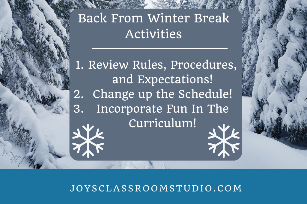 Mini Poster: Back From Winter Break Activities (1) Review Rules, Procedures, and Expectations! (2) Change Up the Schedule! (3) Incorporate Fun In The Curriculum!