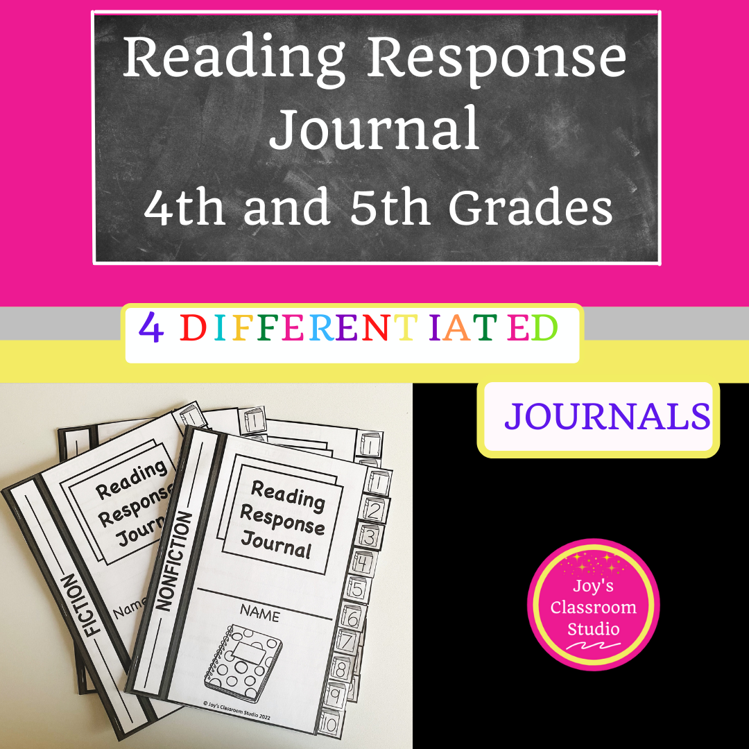 Photo of the reading response journal for fourth and fifth grade students with a link to my TPT store for purchase.