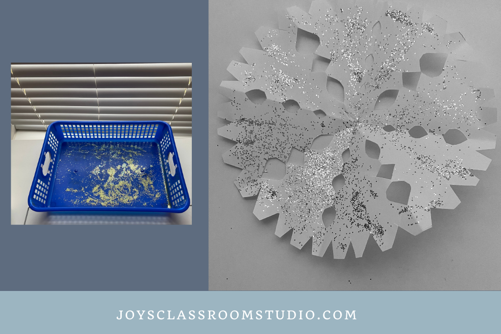 photo of tray I used at the glitter station and a photo of an example glitter snowflake