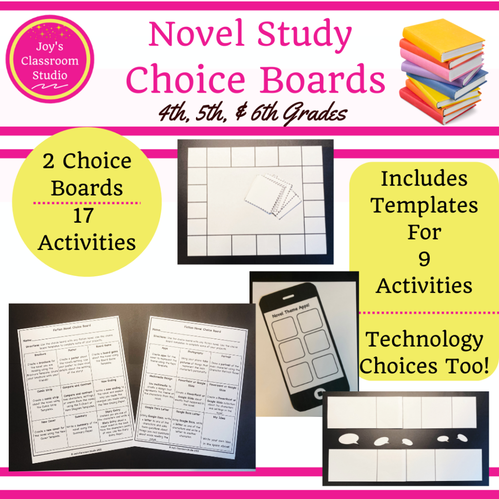 novel study choice board cover with link to my TPT Store