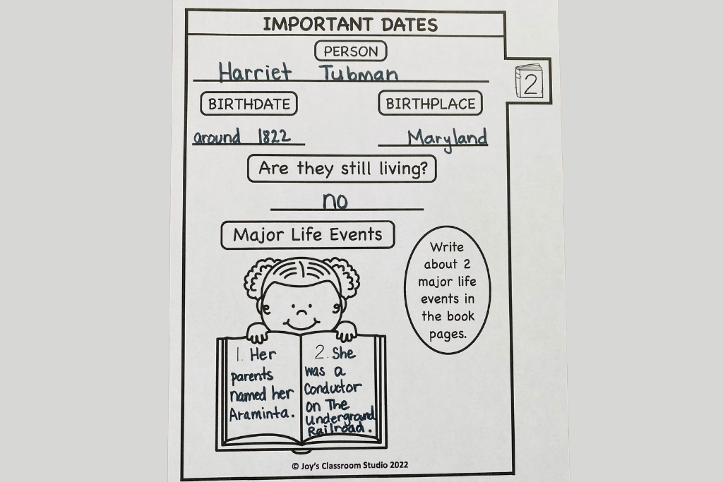 sample of an Important Dates page from my biography reading response journal product
