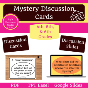 photo with link to my TPT shop for my free mystery discussion cards product