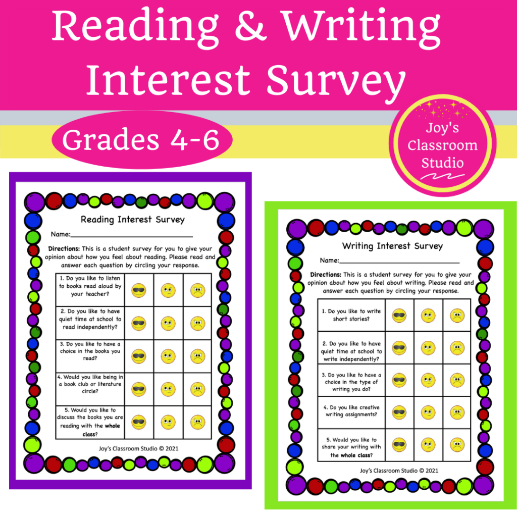 Cover page and link to my reading and writing interest survey product in my TPT store