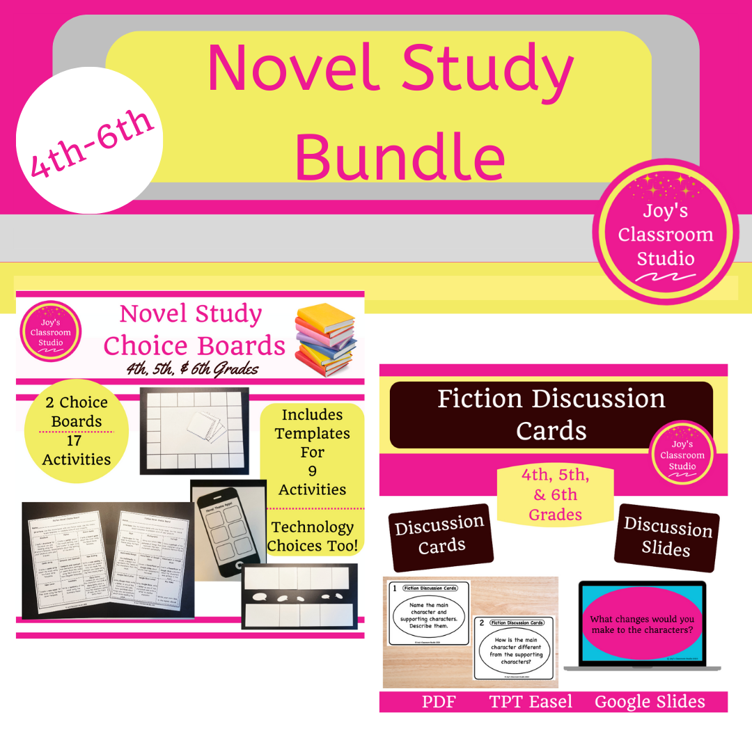 Cover photo and link to my discussion card and novel study activities bundle in my TPT store