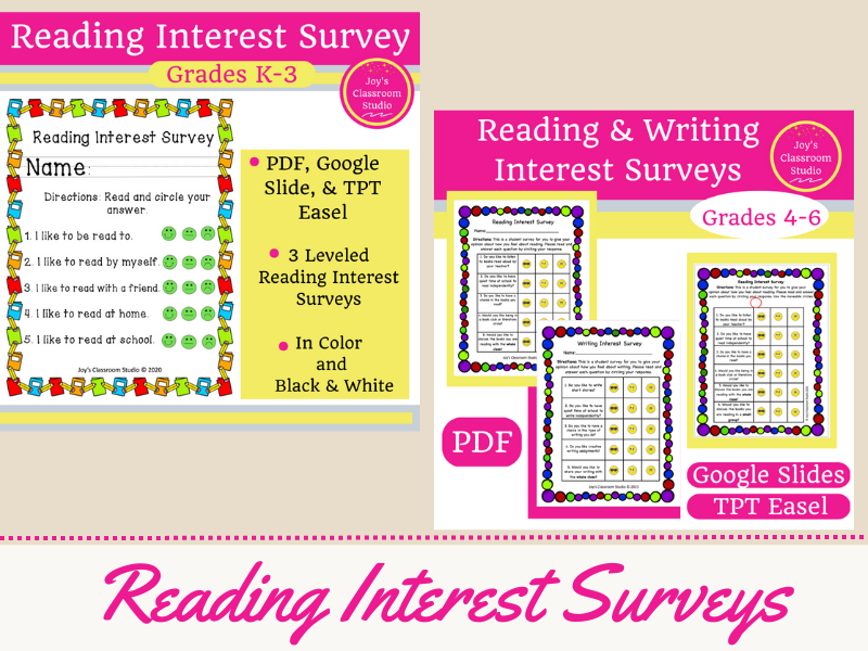 reading interest survey cover photos with link to my TPT store