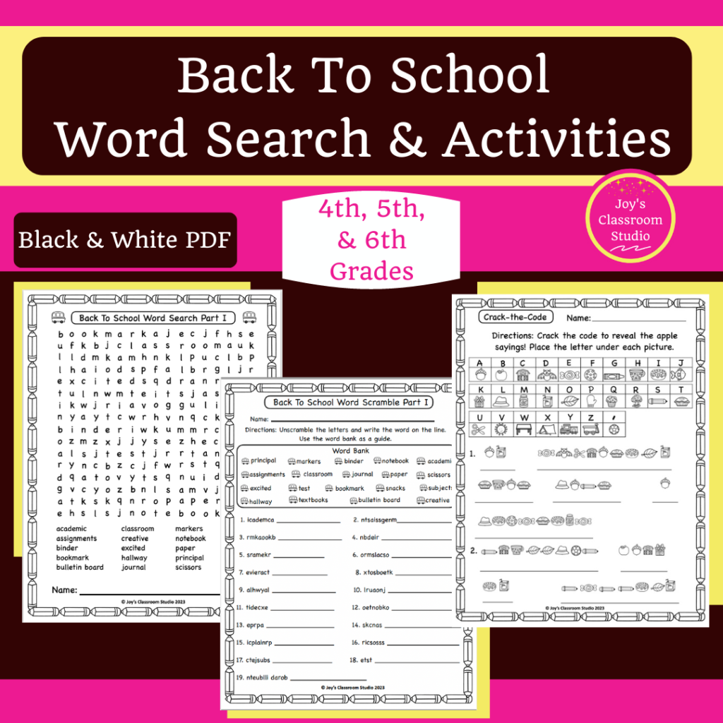 Back to School Word Search and Activities Cover with link to TPT store