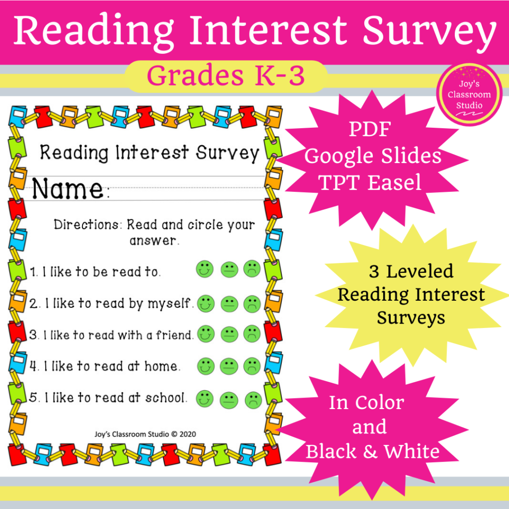 Reading Interest Survey K-3 Cover and Link To TPT Store