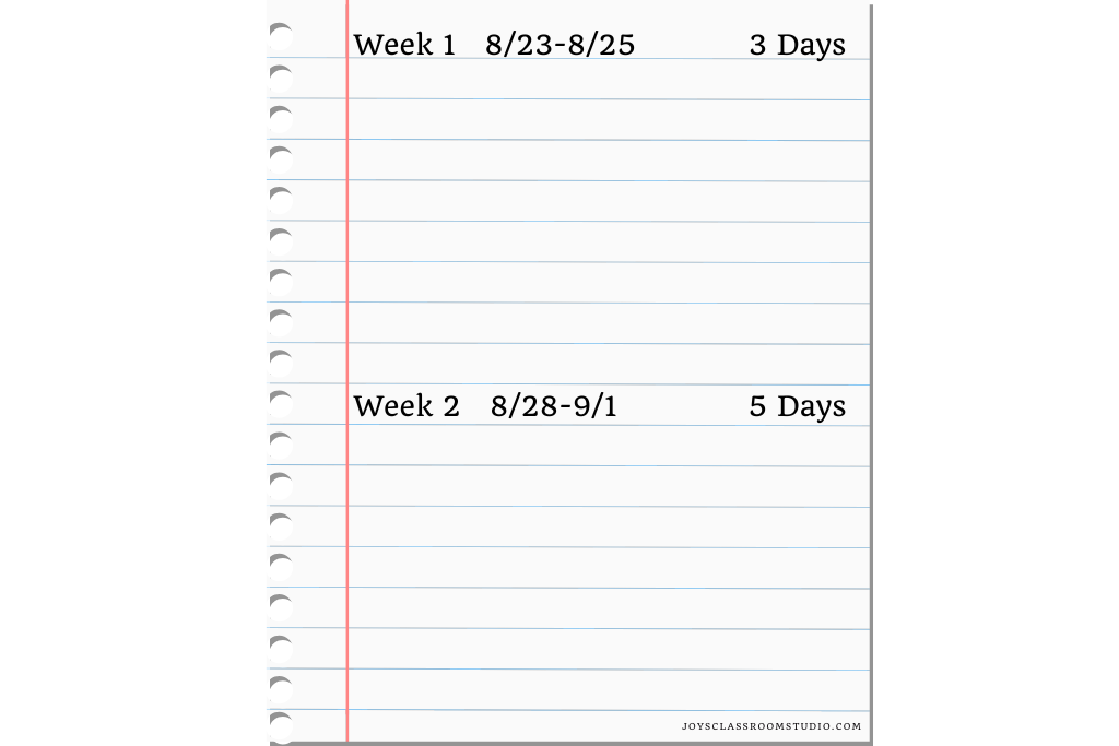 Notepaper showing example of how to prepare outline
 
Week 1   8/23-8/25        3 Days