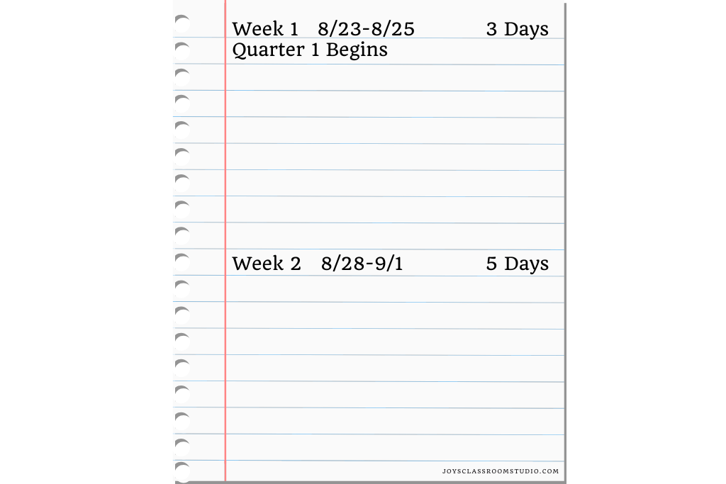 Notepaper showing example of how to prepare outline
 
Week 1   8/23-8/25        3 Days
Quarter 1 Begins