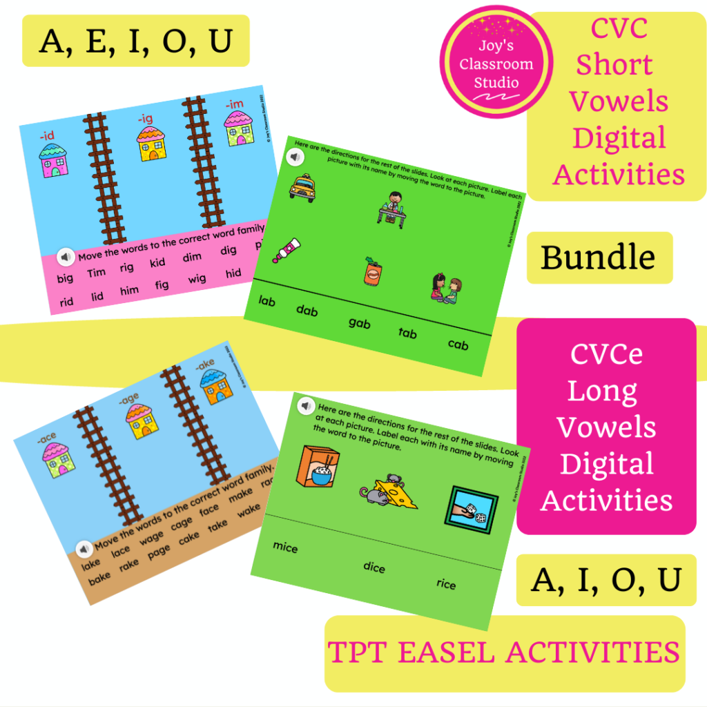 CVC Short Vowels and CVCe Long Vowels Digital Activities for TPT Easel