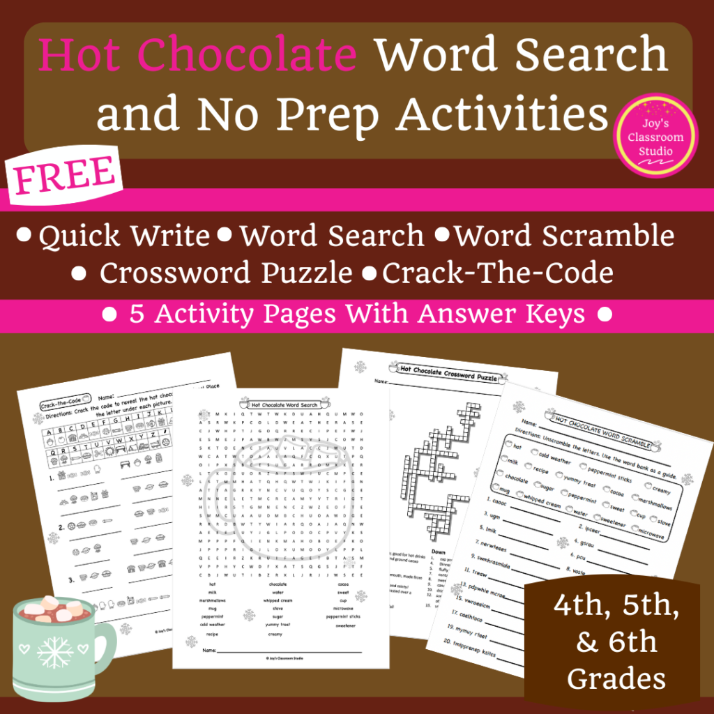 Free Hot Chocolate Word Search and No Prep Activities When You Join My Email List