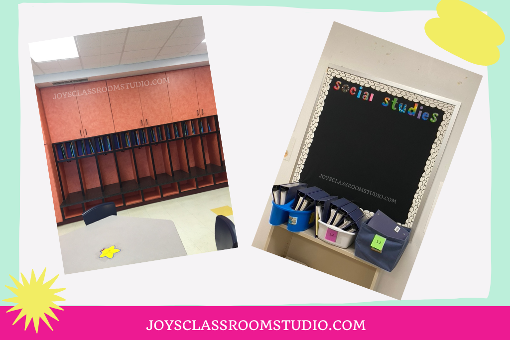 Pictures of an empty classroom cubby space and blank bulletin boards.