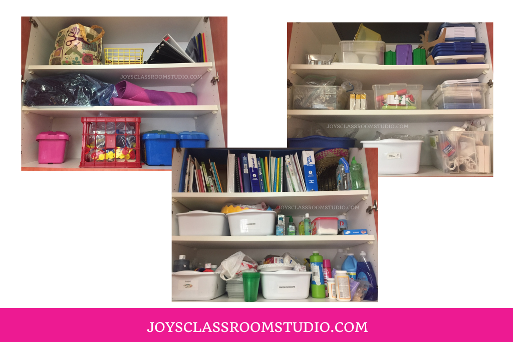 Pictures of the inside of organized classroom cabinet spaces. 