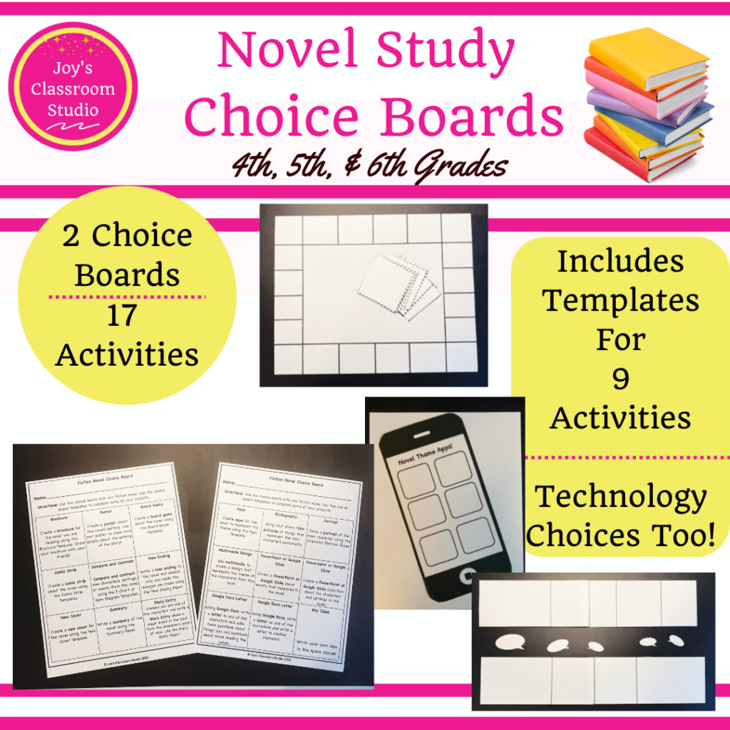 Novel Study Choice Boards 4th, 5th, and 6th grades