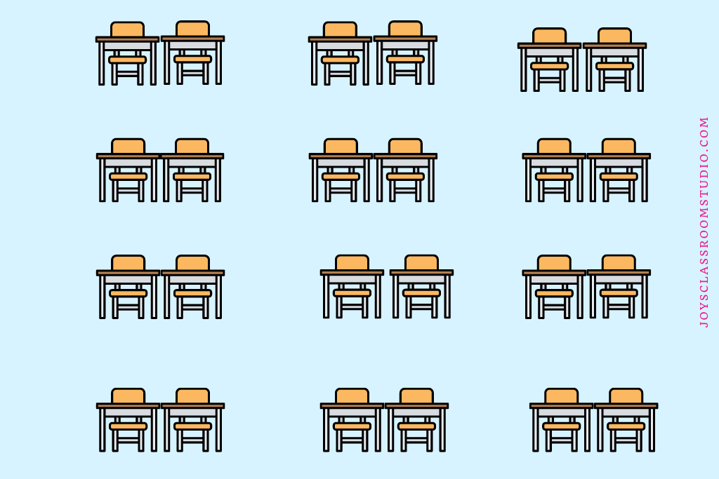 Pictures of desks in rows with two desks next to each other