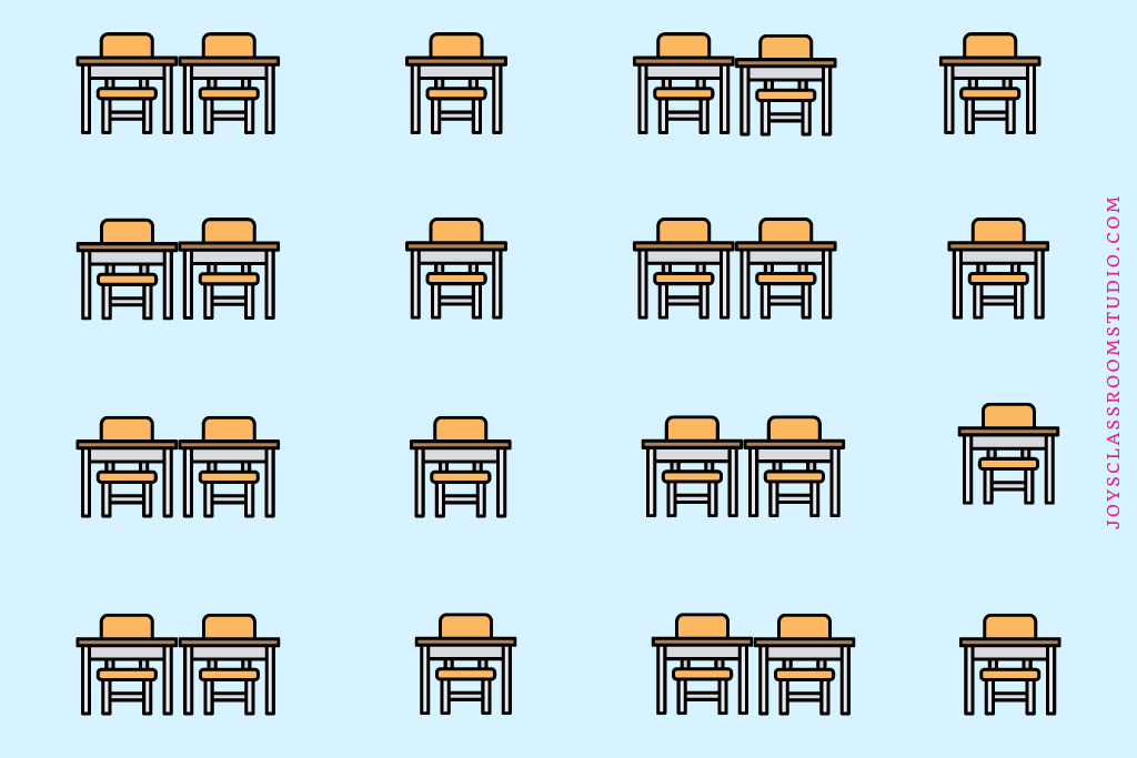 Example of desks in rows. With two desk next to each other than a single desk and the pattern repeats itself.