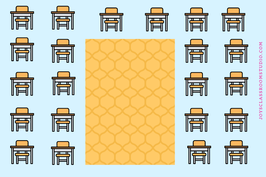 Seating arrangement with a double horseshoe and a classroom rug in the middle of the horseshoe. 