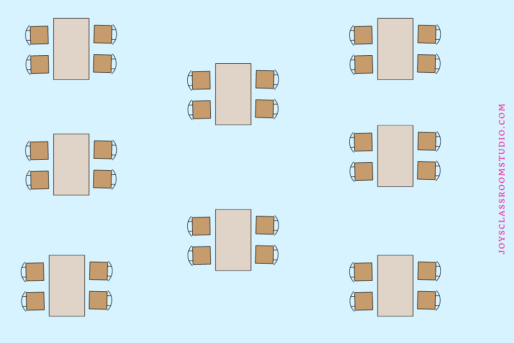 Table seating arrangement with three tables in one row. Two tables in another row. Three tables in the last row.